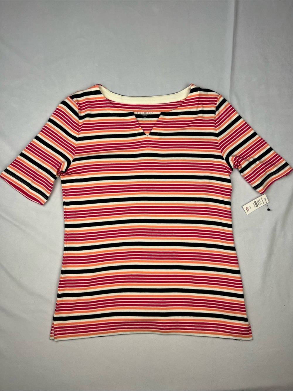 Talbots Petite M 100% Cotton Striped Short Sleeve V-Neck Top NEW